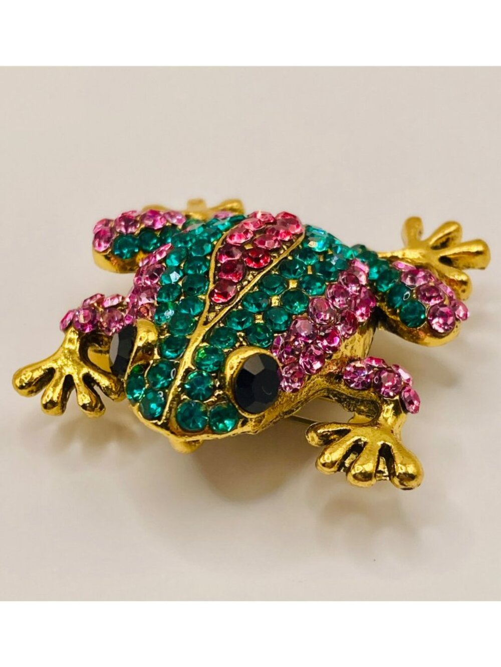Colorful Rhinestone Frog Brooch Pin Gold Tone Finish Pink & Green -55B